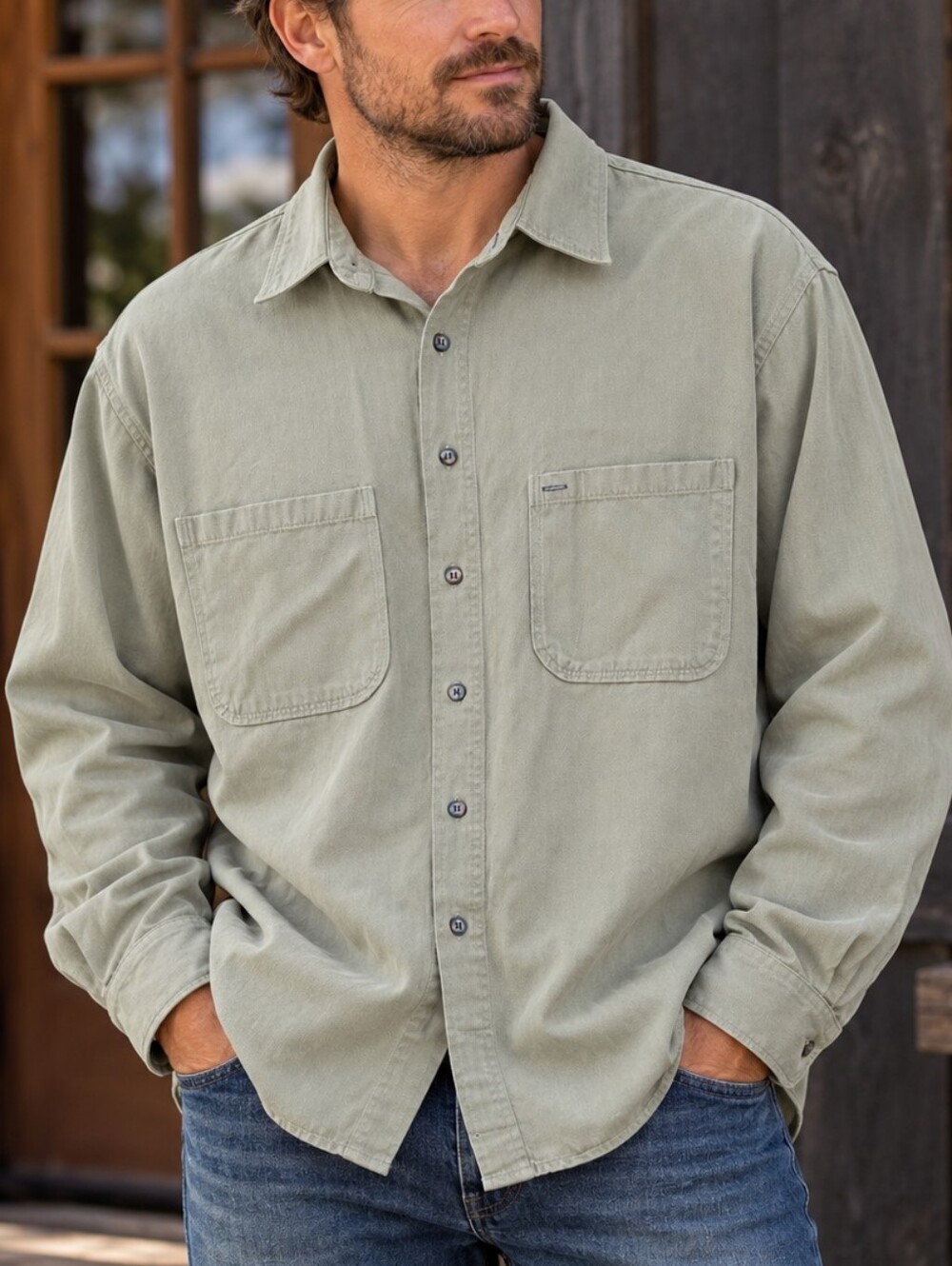 Vintage Territory Ahead Shirt Mens XL Sage Green Herringbone Cotton Workwear